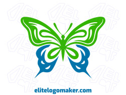 Create your own logo in the shape of an elegant butterfly with a minimalist style of green and blue colors.