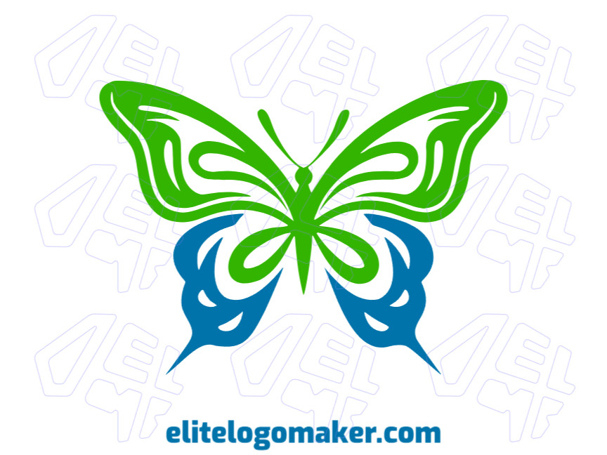 Crie seu próprio logotipo com a forma de uma borboleta elegante com estilo minimalista e com as cores verde e azul.