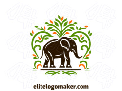 The logo features an ornamental style with an elephant and leaves in shades of green, brown, and orange. It exudes a sense of nature, warmth, and elegance.
