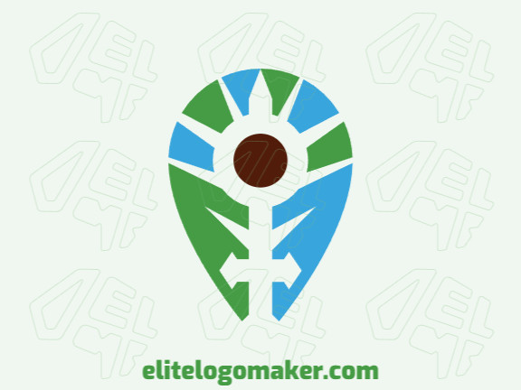Abstract logo in the shape of a leaf combined with a sword and a map icon composed of abstract elements with blue, green, and brown colors.