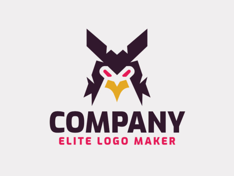 Logotipo memorável com a forma de um pássaro mal, com estilo abstrato e cores customizáveis.