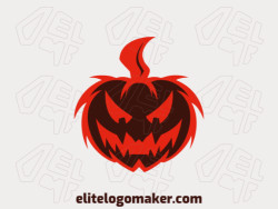 Logotipo criativo com a forma de uma abóbora maldosa com design memorável e estilo abstrato, as cores utilizadas é vermelho e marrom escuro.