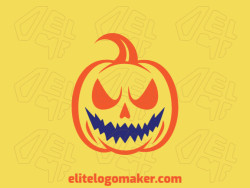 Logo is available for sale in the shape of an evil pumpkin with abstract style with orange and dark blue colors.