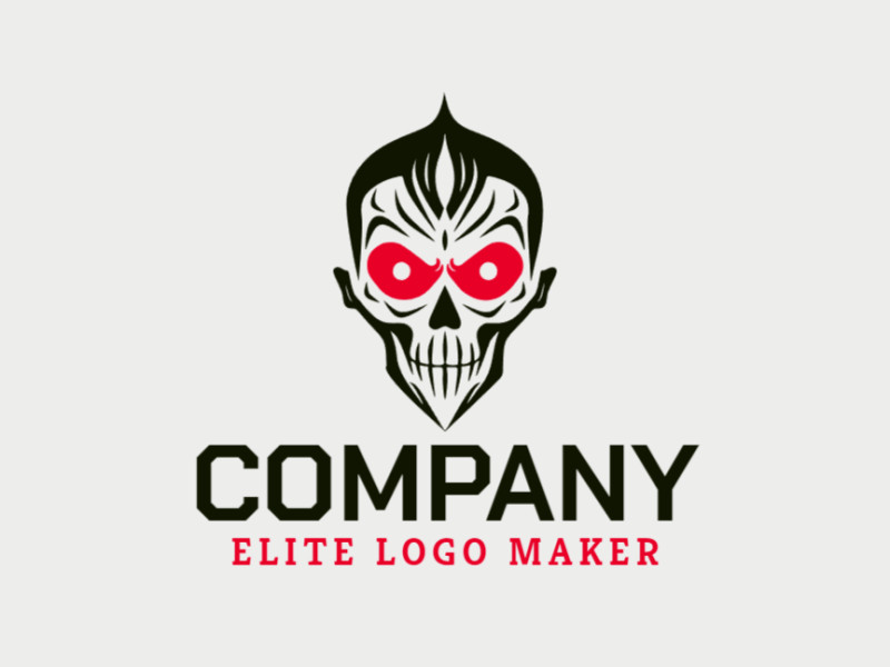Um logotipo profissional em forma de uma caveira mal com um estilo abstrato, as cores utilizadas foi vermelho e preto.