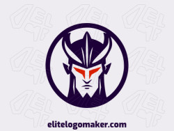 Logotipo disponível para venda com a forma de um guerreiro mal com design simples e com as cores laranja e azul escuro.