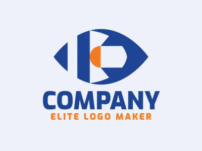 Minimalist logo in the shape of an eye composed of abstracts shapes with blue and orange colors.