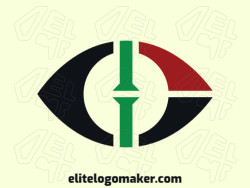 Minimalist logo design in the shape of an eye combined with a flag with black, red and green colors.