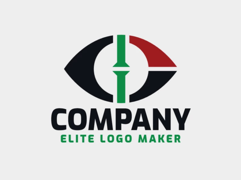 Minimalist logo design in the shape of an eye combined with a flag with black, red and green colors.