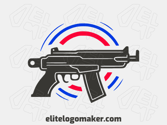 Crie um logotipo para sua empresa com a forma de uma arma de fogo com estilo abstrato e com as cores azul, vermelho, e preto.