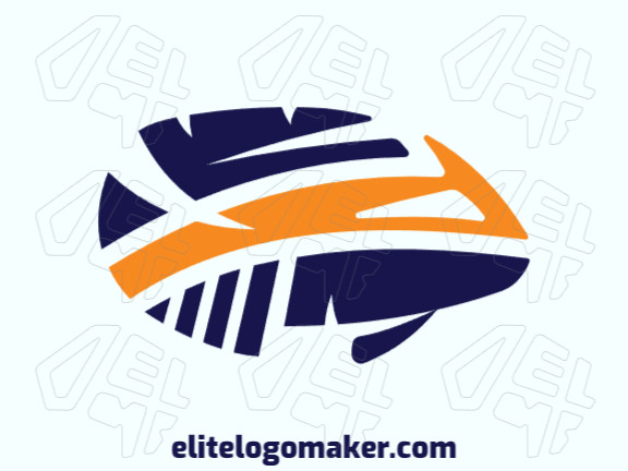 Logotipo criativo com a forma de um peixe com design minimalista e com as cores azul e laranja.