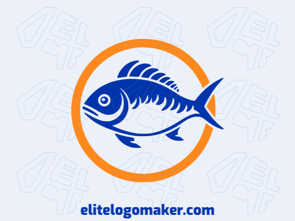 Create a vector logo for your company in the shape of a fish with an abstract style, the colors used were orange and dark blue.