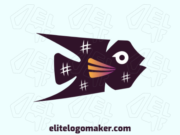 Logotipo vetorial com a forma de um peixe, com estilo abstrato e com as cores laranja, preto, e roxo.
