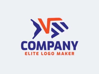 Vector logo in the shape of a fish combined with a letter "V" with minimalist design with blue and orange colors.