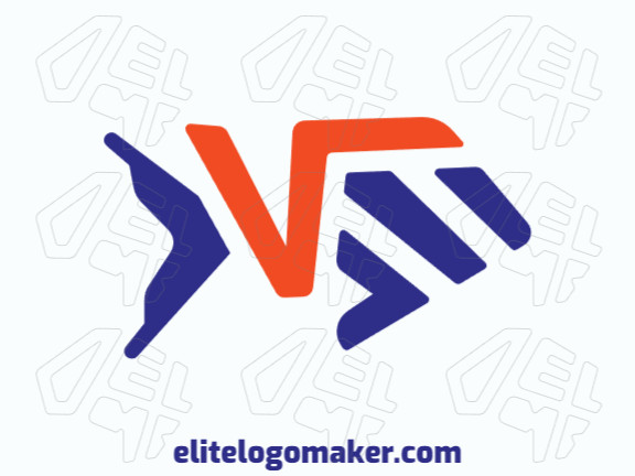 Logotipo vetorial com a forma de um peixe combinado com uma letra "V" com design minimalista e com as cores azul e laranja.