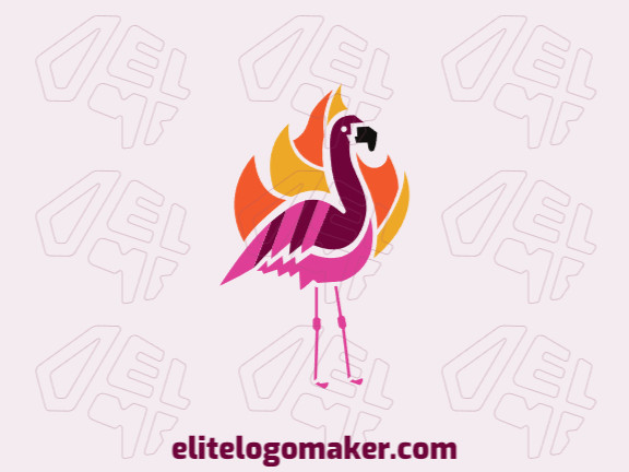 Logotipo ilustrativo customizável com a forma de um flamingo combinado com chamas de fogo com cores roxo, rosa, laranja, preto, e amarelo.