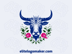 Create your logo in the shape of a floral ox with a mascot style with pink, dark blue, and dark green colors.