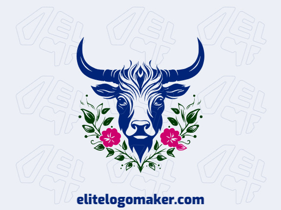 Crie seu próprio logotipo com a forma de um boi floral com estilo mascote e com as cores rosa, azul escuro, e verde escuro.