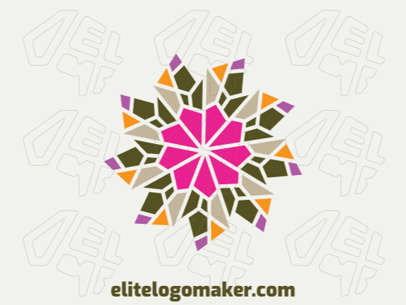 Mosaic logo design in the shape of a flower composed of abstracts shapes with green, yellow, purple, and pink colors.