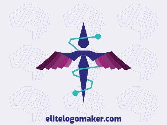 Logo available for sale in the shape of a flying bird with a creative style with blue and purple colors.