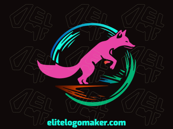 Template logo in the shape of a fox jumping with gradient design with green, blue, brown, and pink colors.