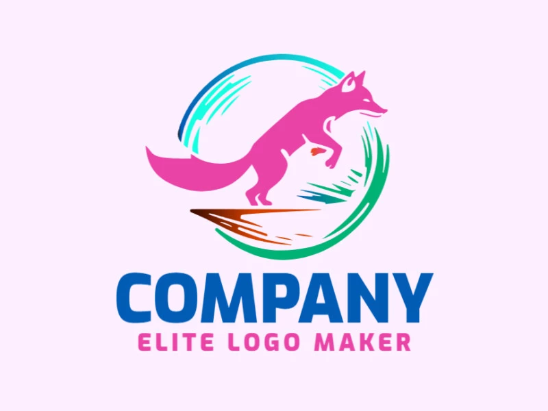 Template logo in the shape of a fox jumping with gradient design with green, blue, brown, and pink colors.