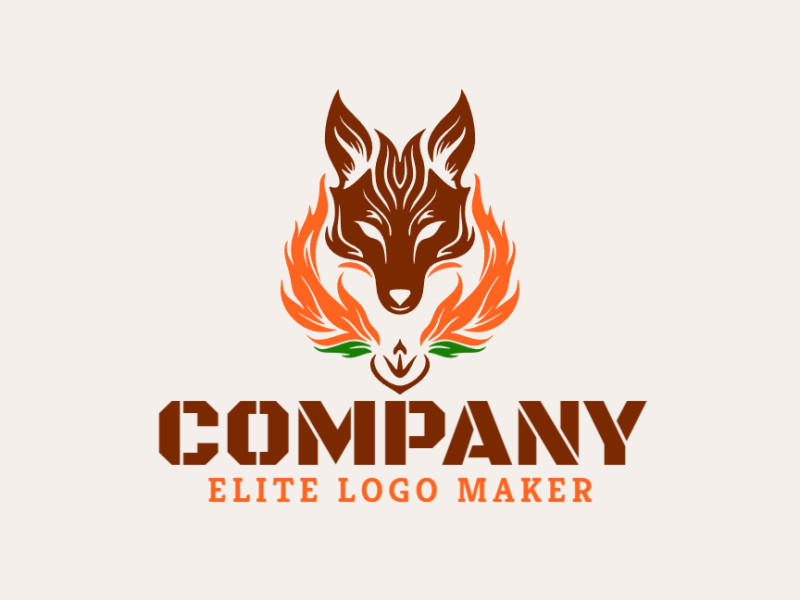 Este logo simétrico presenta un zorro con hojas en verde, marrón y naranja. Es una representación inspirada en la naturaleza, perfecta para empresas eco-friendly.