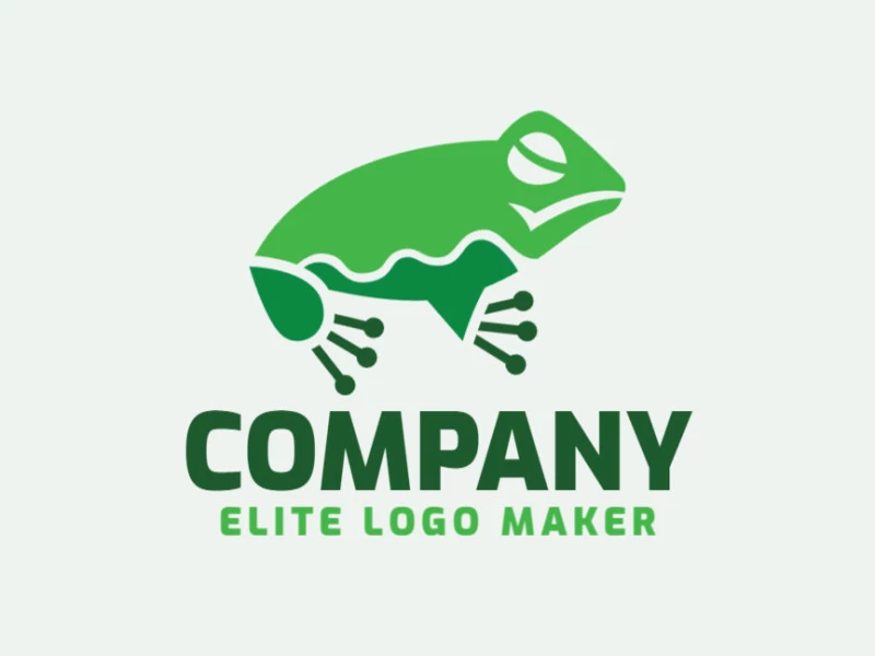 Logotipo criativo com a forma de um sapo com design memorável e estilo abstrato, a cor utilizado no logotipo é verde.