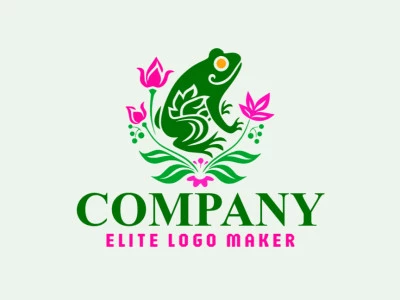 Crea un logotipo vectorizado que presente un diseño contemporáneo de una rana combinado con flores y estilo ornamentales, con un toque de sofisticación y colores verde, naranja, y rosa.