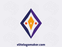 Logotipo minimalista con formas sólidas que forman un pájaro geométrico con un diseño refinado y colores naranja, violeta, y amarillo oscuro.