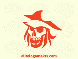 Logo available for sale in the shape of a ghost pirate with minimalist style and orange color.