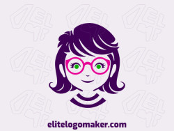 Customizable logo in the shape of a girl with glasses with an abstract style, the colors used were green, purple, and pink.