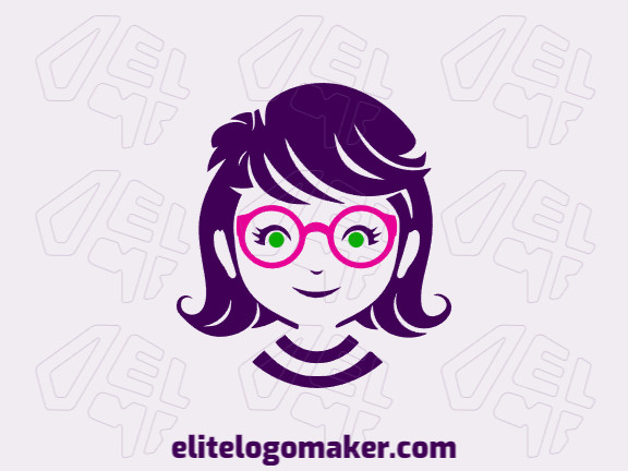 Customizable logo in the shape of a girl with glasses with an abstract style, the colors used were green, purple, and pink.