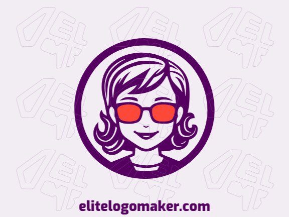 A sophisticated logo in the shape of a girl with glasses with a sleek simple style, featuring a captivating orange and purple color palette.