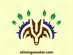 Create a vector logo for your company in the shape of a goat with an abstract style, the colors used was green, blue, and brown.