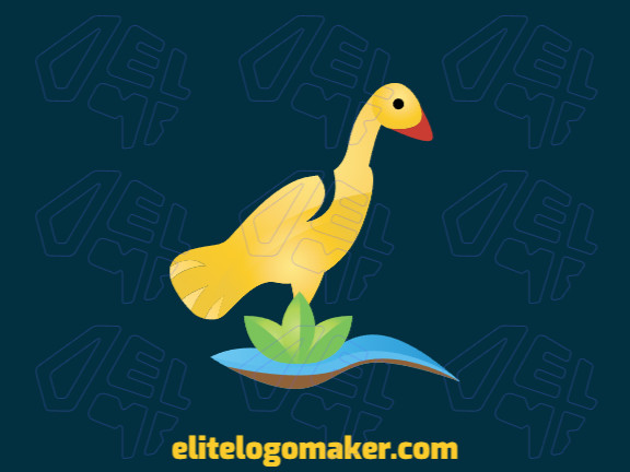 Gradient logo in the shape of a duck combined with elements of nature  (land, water, and leaves), the colors used are yellow, orange, blue, brown, and green.