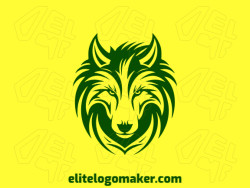 Logo available for sale in the shape of a green wolf with animal style and dark green color.