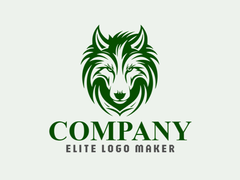 Logotipo disponível para venda com a forma de um lobo verde com estilo animal e cor verde escuro.