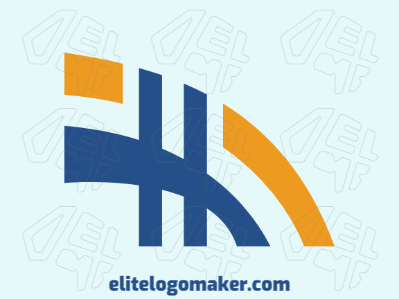Logotipo minimalista criado com formas abstratas, formando uma letra "H" combinado com um ponte, com as cores azul e amarelo.