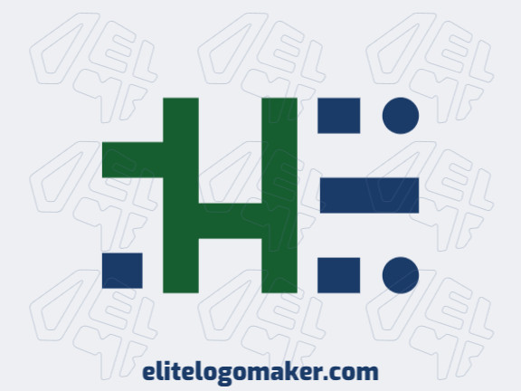 Logotipo minimalista com design refinado, formando uma letra "H" combinado com uma letra "E", com as cores verde e azul.