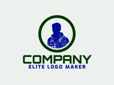 Logotipo ilustrativo con formas sólidas que forman un hacker con un diseño refinado y colores azul oscuro y verde oscuro.