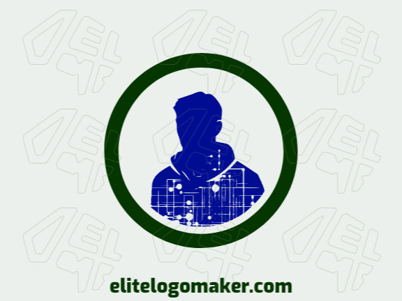 Logotipo ilustrativo com formas sólidas formando um hacker com design refinado e com as cores azul escuro e verde escuro.