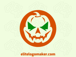 Creative logo with solid shapes forming a Halloween pumpkin with a refined design with dark orange and dark green colors.