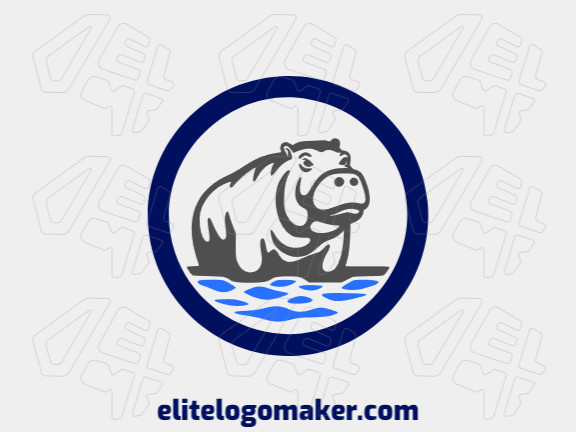 Crie um logotipo vetorizado apresentando um design contemporâneo de um hipopótamo e estilo mascote, com um toque de sofisticação e com as cores azul, cinza, e azul escuro.