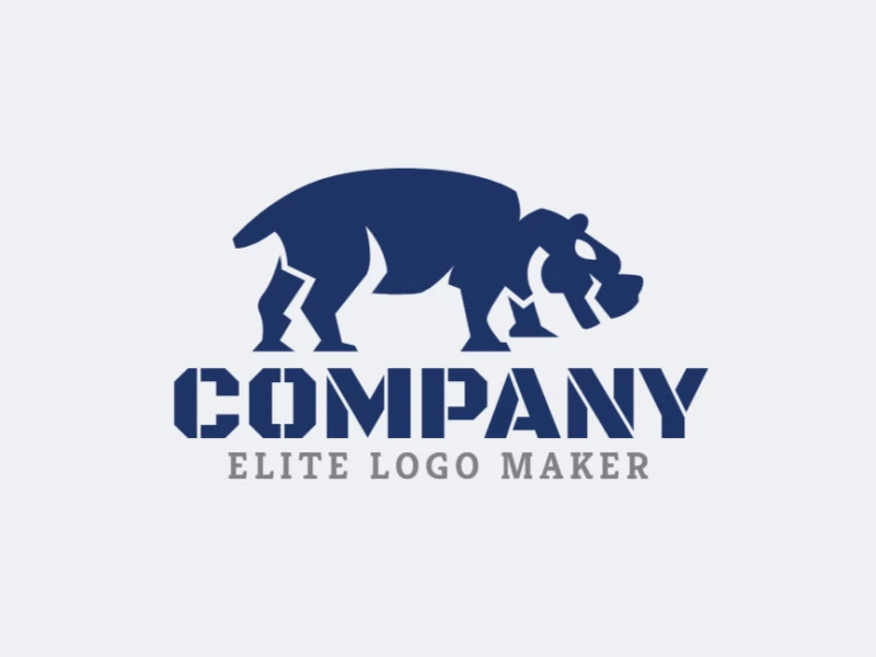 Animal mascot logo design in the shape of a hippopotamus composed of abstracts shapes with blue and gray colors.