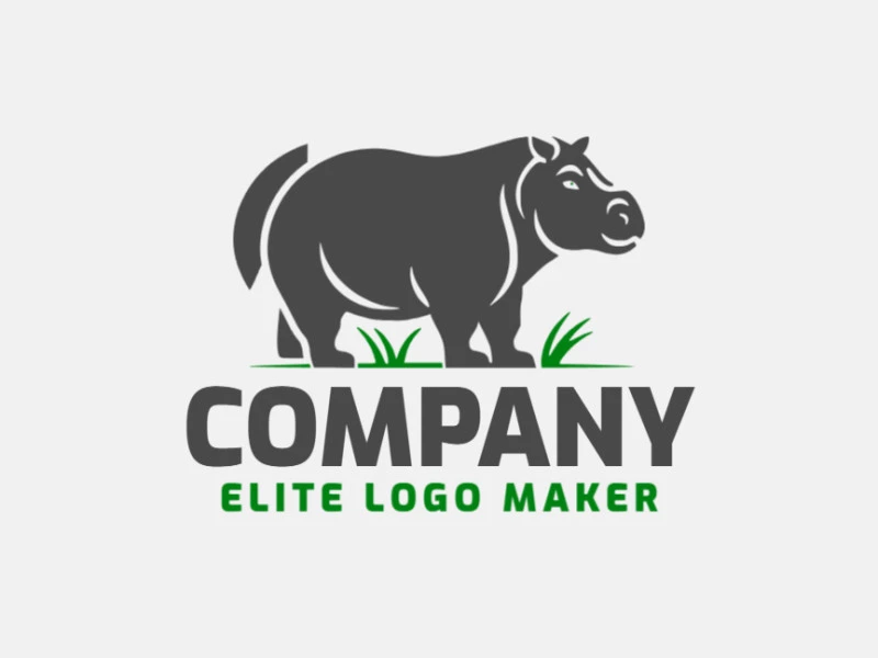 Abstract logo created with abstract shapes forming a hippo walking with green and grey colors.