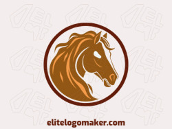 Logotipo disponível para venda com a forma de um cavalo com estilo mascote e com as cores marrom, laranja, e marrom escuro.