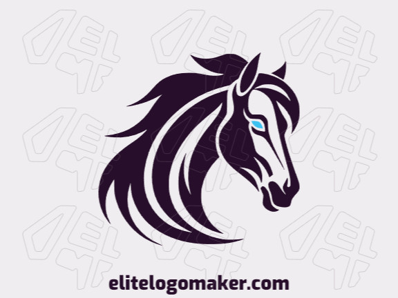 Logotipo customizável com a forma de uma cabeça de cavalo composto por um estilo mascote e com as cores azul e preto.