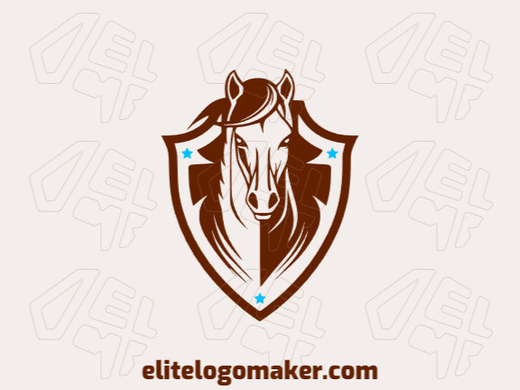 Modelo de logotipo para venda com a forma de um cavalo combinado com um escudo, as cores utilizadas foi azul e vermelho escuro.