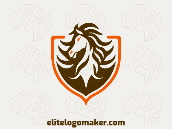 Logotipo customizável com a forma de um cavalo combinado com um escudo composto por um estilo emblema e com as cores laranja e marrom escuro.