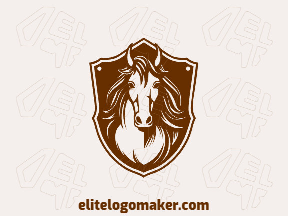 Logotipo criativo com a forma de um cavalo combinado com um escudo com design memorável e estilo mascote, a cor utilizada é marrom escuro.